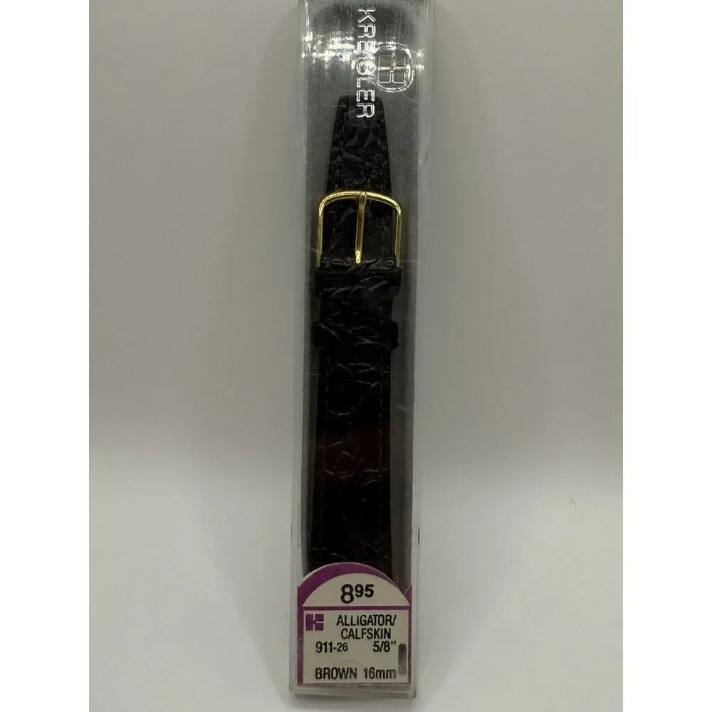 16mm KREISLER Alligator Calfskin Brown NOS Vintage Watch Band & Gold Buckle